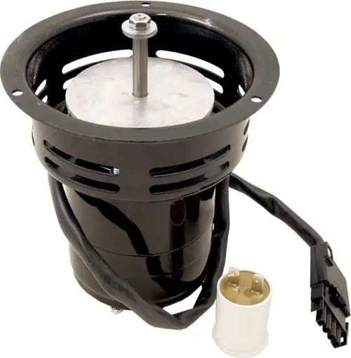Motor für Abzugsventilator mit schwarzem Gehäuse und Kabelanschluss. Produkt von Wolf, geeignet für verschiedene Ventilatoranwendungen. Mechanische Bauweise sichtbar.